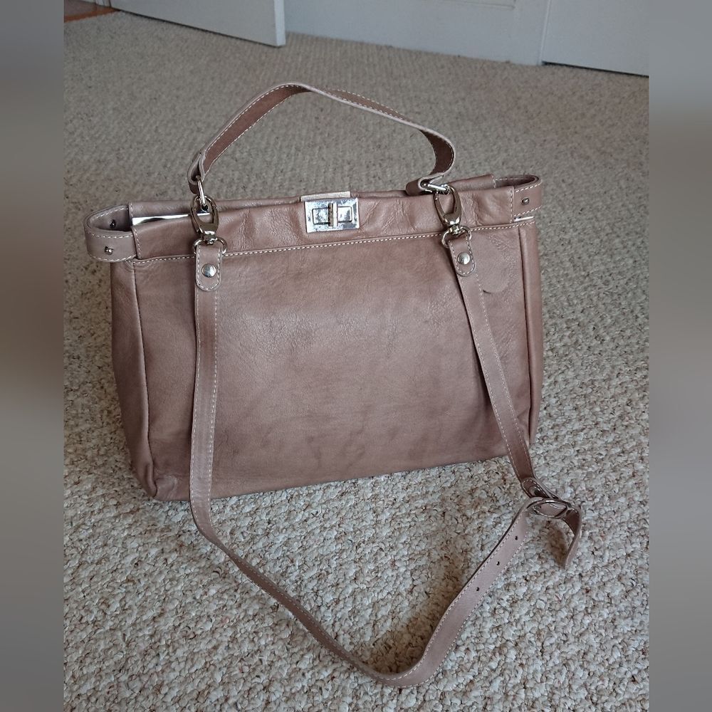 Vera Pelle Taupe Leather Large Italian leather 2 way tote